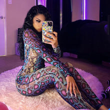 Load image into Gallery viewer, Women's Multi Color Snake Pattern Long Sleeve Tightly Fitted Jumpsuit