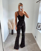 Load image into Gallery viewer, Black Sequins Suspenders Style Fitted Hip Flared Jumpsuit