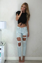 Load image into Gallery viewer, Summer Essential T- Shirt Style Knotted Tie Front Light Weight Crop Tops O Neck Short Sleeve Beige/White Black Gray