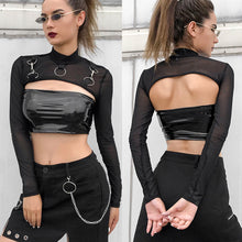 Load image into Gallery viewer, Sexy Hip Hop Gothic Micro Short Crop Top Mesh with Metal Chain Long Sleeve High Turtleneck