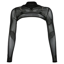 Load image into Gallery viewer, Sexy Hip Hop Gothic Micro Short Crop Top Mesh with Metal Chain Long Sleeve High Turtleneck