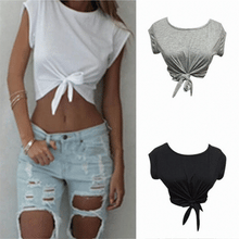 Load image into Gallery viewer, Summer Essential T- Shirt Style Knotted Tie Front Light Weight Crop Tops O Neck Short Sleeve Beige/White Black Gray