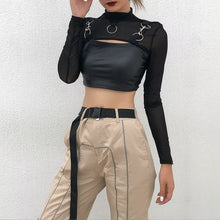 Load image into Gallery viewer, Sexy Hip Hop Gothic Micro Short Crop Top Mesh with Metal Chain Long Sleeve High Turtleneck
