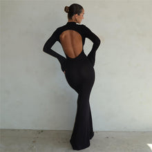 Load image into Gallery viewer, High Collar Neck Long Sleeve Sexy Backless Slim Fit Long Dress in Black or Red