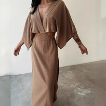 Load image into Gallery viewer, Stunning Elegance Hollow Out Backless Slim V-neck Cotton And Linen Long Dress Black or Brown Color Choice