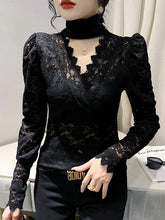 Load image into Gallery viewer, Spring Summer V Neck Lace Blouse Full Puff Sleeve Stretch Hollow Out Tops For Women M-3XL Black White Apricot