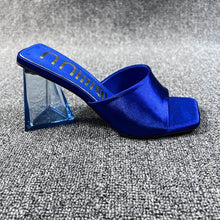 Load image into Gallery viewer, Xibeilove 20223 New Silk Green, Blue, Rose Red and Legendary Black,Women's Strange Style Transparent High Heels Slipper/Sandals Square Toe