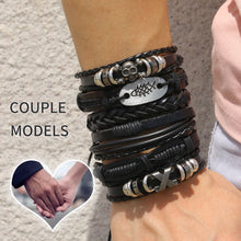 Load image into Gallery viewer, Leather Woven Viking Bracelet For Men or Women Multi Bracelet Stacked Wide Band Adjustable Skull Feather Infinity Braided Guitar Fish Tree of Life Many Options Sets