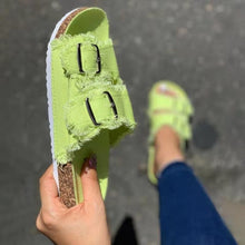 Load image into Gallery viewer, Summer European Style Casual Sandals Solid Color Canvas Buckle Belt Embellishment Denim Cork Soles Flat Slippers Women Slides Sandals Flip Flops