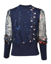 Load image into Gallery viewer, Colorful Floral Embroidery Print Black Blouse with Sheer Long Sleeves and Solid Cuff New Fashion Women's  Light Weight Summer Shirt