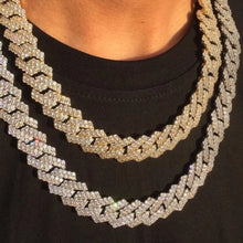 Load image into Gallery viewer, Distinguished HipHop Silver or Gold 14MM Prong Cuban Link Chain Necklace Bling Iced Out 2 Row Rhinestone Paved Miami Rhombus Cuban Necklace 8" to 24"Size Chains