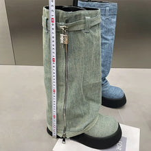 Load image into Gallery viewer, Autumn Chelsea Denim Boots Women's Flat Knee High Boots Zipper Casual  Zipper Snow Boots