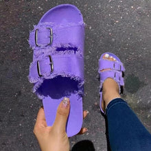 Load image into Gallery viewer, Summer European Style Casual Sandals Solid Color Canvas Buckle Belt Embellishment Denim Cork Soles Flat Slippers Women Slides Sandals Flip Flops