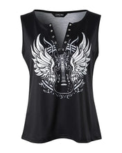 Load image into Gallery viewer, Summer Fashion Guitar Wings Print Eyelet Decor Black Sleeveless V-Cut Tank Top Lady Tee