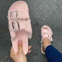Load image into Gallery viewer, Summer European Style Casual Sandals Solid Color Canvas Buckle Belt Embellishment Denim Cork Soles Flat Slippers Women Slides Sandals Flip Flops