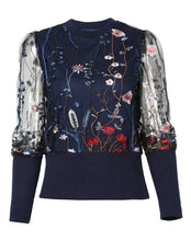 Load image into Gallery viewer, Colorful Floral Embroidery Print Black Blouse with Sheer Long Sleeves and Solid Cuff New Fashion Women's  Light Weight Summer Shirt