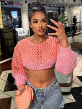 Load image into Gallery viewer, Weird Puss Soft Sexy Sweet Knit Sweater Pink Ombre Hollow Out  Bishop Sleeves See Through Long Sleeve O-Neck Gradient Wild Comfort Fit Crop Tops