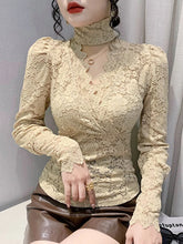 Load image into Gallery viewer, Spring Summer V Neck Lace Blouse Full Puff Sleeve Stretch Hollow Out Tops For Women M-3XL Black White Apricot