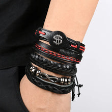 Load image into Gallery viewer, Leather Woven Viking Bracelet For Men or Women Multi Bracelet Stacked Wide Band Adjustable Skull Feather Infinity Braided Guitar Fish Tree of Life Many Options Sets