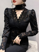 Load image into Gallery viewer, Spring Summer V Neck Lace Blouse Full Puff Sleeve Stretch Hollow Out Tops For Women M-3XL Black White Apricot