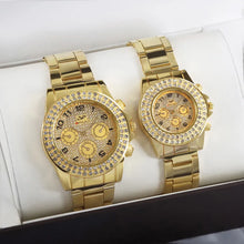 Load image into Gallery viewer, 4Pcs Couples Watch Set CZ Diamond Golden Wristwatch and Bracelet or Necklaces with Gift Box Choice of 2 Different Watch Sets