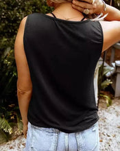 Load image into Gallery viewer, Summer Fashion Guitar Wings Print Eyelet Decor Black Sleeveless V-Cut Tank Top Lady Tee