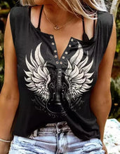 Load image into Gallery viewer, Summer Fashion Guitar Wings Print Eyelet Decor Black Sleeveless V-Cut Tank Top Lady Tee