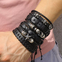 Load image into Gallery viewer, Leather Woven Viking Bracelet For Men or Women Multi Bracelet Stacked Wide Band Adjustable Skull Feather Infinity Braided Guitar Fish Tree of Life Many Options Sets