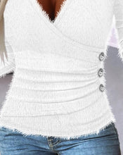 Load image into Gallery viewer, Ruched Buttoned Long Sleeve Casual V-Neck Fitted Fuzzy Y2K Clothes Soft Warm Spring Blouse - V-Neck Buttoned Long Sleeve Sweater Top for Women
