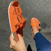 Load image into Gallery viewer, Summer European Style Casual Sandals Solid Color Canvas Buckle Belt Embellishment Denim Cork Soles Flat Slippers Women Slides Sandals Flip Flops