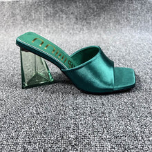 Load image into Gallery viewer, Xibeilove 20223 New Silk Green, Blue, Rose Red and Legendary Black,Women's Strange Style Transparent High Heels Slipper/Sandals Square Toe