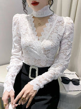 Load image into Gallery viewer, Spring Summer V Neck Lace Blouse Full Puff Sleeve Stretch Hollow Out Tops For Women M-3XL Black White Apricot