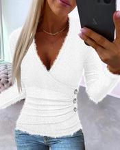 Load image into Gallery viewer, Ruched Buttoned Long Sleeve Casual V-Neck Fitted Fuzzy Y2K Clothes Soft Warm Spring Blouse - V-Neck Buttoned Long Sleeve Sweater Top for Women