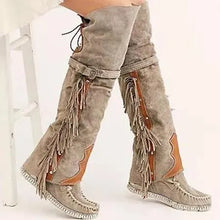 Load image into Gallery viewer, Faux Suede Fashion Bohemian Knee High Women's Boots Ethnic High Boot with Tassels Boots Flat Bottom Long Botas Black Brown Green Burgundy Beige EUR size 35-43