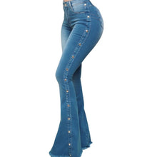Load image into Gallery viewer, Mid Rise Stretch Flare Jeans Women Denim Pants Wide Leg Casual Style Bell Bottom 6 Color Choices in Blues Gray Blacks S-5XL