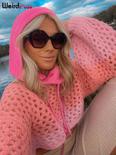 Load image into Gallery viewer, Weird Puss Soft Sexy Sweet Knit Sweater Pink Ombre Hollow Out  Bishop Sleeves See Through Long Sleeve O-Neck Gradient Wild Comfort Fit Crop Tops