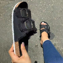 Load image into Gallery viewer, Summer European Style Casual Sandals Solid Color Canvas Buckle Belt Embellishment Denim Cork Soles Flat Slippers Women Slides Sandals Flip Flops