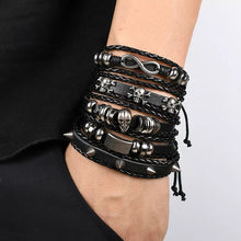 Load image into Gallery viewer, Leather Woven Viking Bracelet For Men or Women Multi Bracelet Stacked Wide Band Adjustable Skull Feather Infinity Braided Guitar Fish Tree of Life Many Options Sets