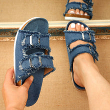 Load image into Gallery viewer, Summer European Style Casual Sandals Solid Color Canvas Buckle Belt Embellishment Denim Cork Soles Flat Slippers Women Slides Sandals Flip Flops