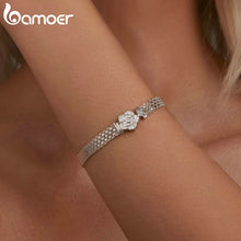 Load image into Gallery viewer, Bamoer 925 Sterling Silver Zirconia Set Rose Bracelet Hollow-out Wide Band Chain Charm Bracelet