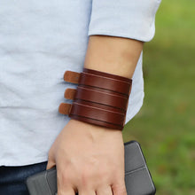 Load image into Gallery viewer, Genuine Leather Wide Cuff Bracelets with Buckle Closure Punk Vintage Three Layers Wide Black Brown Bracelets Wide Variety to Choose
