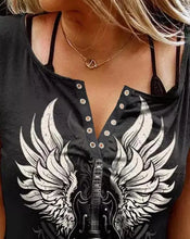 Load image into Gallery viewer, Summer Fashion Guitar Wings Print Eyelet Decor Black Sleeveless V-Cut Tank Top Lady Tee