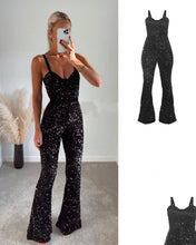 Load image into Gallery viewer, Black Sequins Suspenders Style Fitted Hip Flared Jumpsuit
