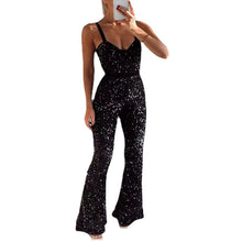 Load image into Gallery viewer, Black Sequins Suspenders Style Fitted Hip Flared Jumpsuit