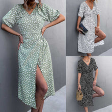 Load image into Gallery viewer, Retro V Neck Stone Flower Cross Split Dress
