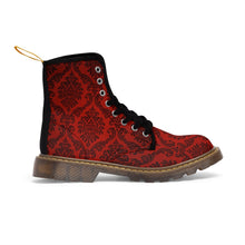 Load image into Gallery viewer, Women's Dark Red Damask Canvas Boots, Sizes 6.5-11, Combat Boots, Boho Chic Style Boots, Unique Fall Boots, Cool Ankle Boots