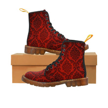 Load image into Gallery viewer, Women's Dark Red Damask Canvas Boots, Sizes 6.5-11, Combat Boots, Boho Chic Style Boots, Unique Fall Boots, Cool Ankle Boots