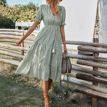 Load image into Gallery viewer, Striped High Waist V Neck Button Closure Summer Dress