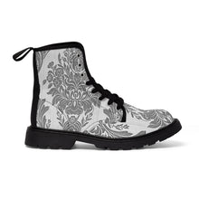 Load image into Gallery viewer, Womens Grey Damask Flower Canvas Boots, Sizes 6.5-11, Boho Chic, Combat Boots, Bohemian Boots, Ankle Boots, Casual Boots, Custom Boots