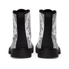 Load image into Gallery viewer, Womens Grey Damask Flower Canvas Boots, Sizes 6.5-11, Boho Chic, Combat Boots, Bohemian Boots, Ankle Boots, Casual Boots, Custom Boots